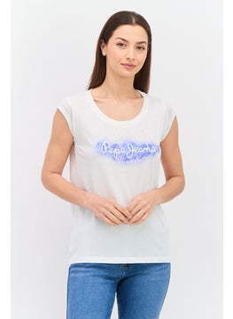 Women Crew Neck Cap Sleeve Graphic Printed T-Shirt, White