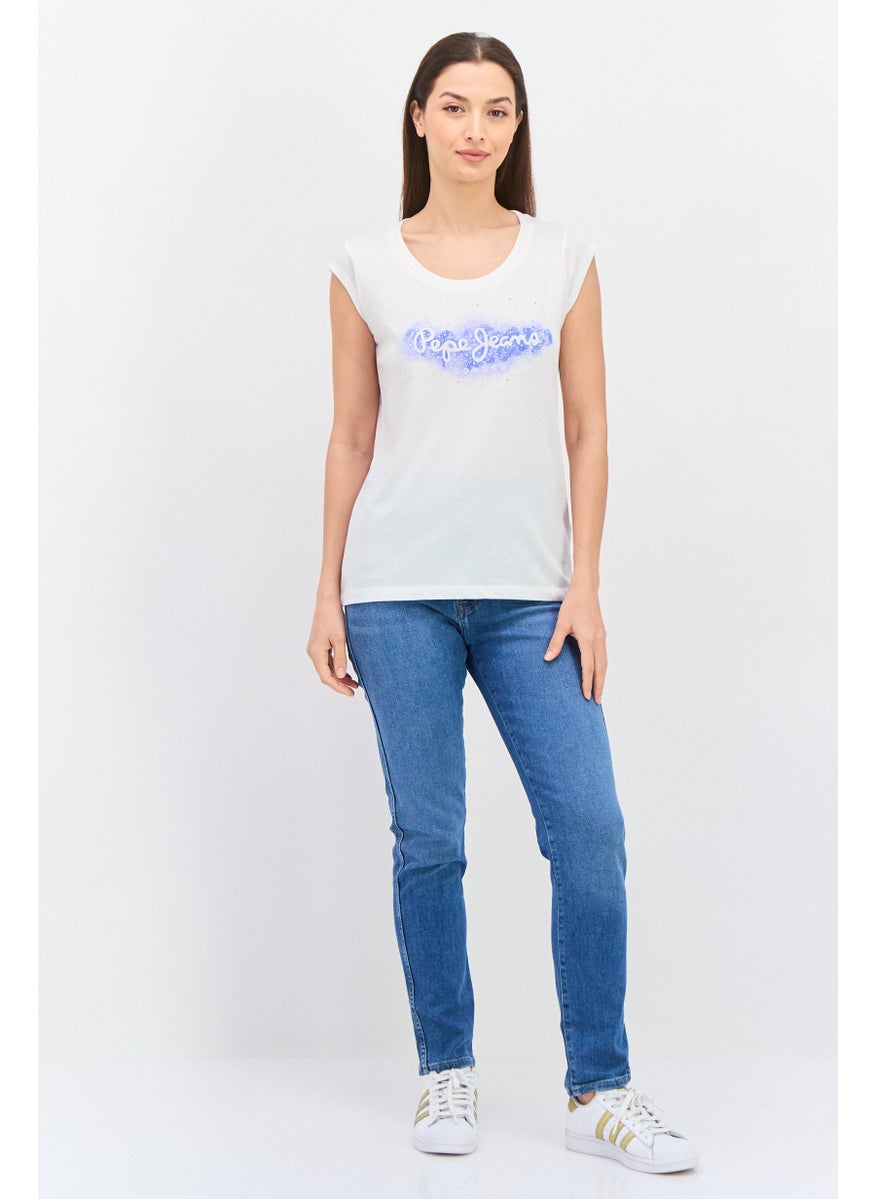 Pepe Jeans - Women Crew Neck Cap Sleeve Graphic Printed T-Shirt, White - Image 1