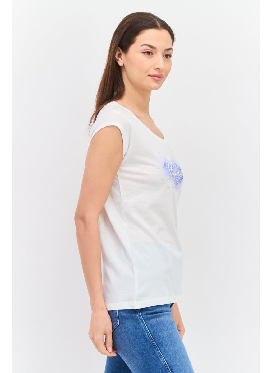 Pepe Jeans - Women Crew Neck Cap Sleeve Graphic Printed T-Shirt, White - Image 1