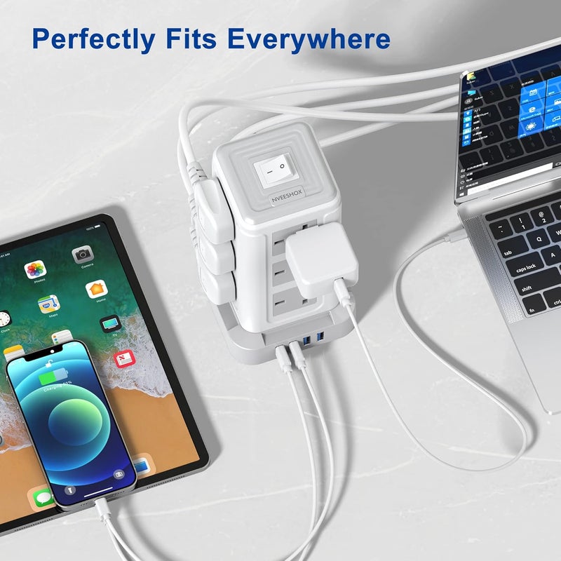 حماية من زيادة التيار لسلك التمديد ، برج شريط طاقة بـ 12 منفذًا مع 4 منافذ USB، كابل تمديد طويل 5 أمتار/16 قدمًا، مقبس متعدد بقدرة 3250 واط 13 أمبير، حماية من الحمل الزائد لأجهزة التلفاز وأجهزة الكمبيوتر المحمولة وأجهزة آيفون والأجهزة اللوحية (رمادي فاتح - 5 أمتار) - Image 3