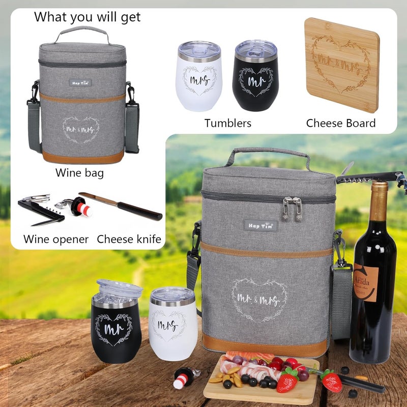 Hap Tim Wedding Gifts for Couples, Bridal Shower Gifts, Engagement Gifts for Newlyweds, Mr and Mrs gifts - Wine Cooler Bag Insulated Wine Carrier Tote with Tumblers, Bamboo Cheese Borad - Image 2