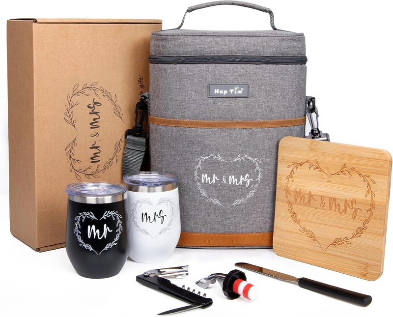 Hap Tim Wedding Gifts for Couples, Bridal Shower Gifts, Engagement Gifts for Newlyweds, Mr and Mrs gifts - Wine Cooler Bag Insulated Wine Carrier Tote with Tumblers, Bamboo Cheese Borad - Image 1