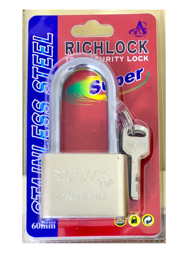 Richlook Long Handle Stainless Steel Brass Padlock 60mm With 3 - Pieces Keys