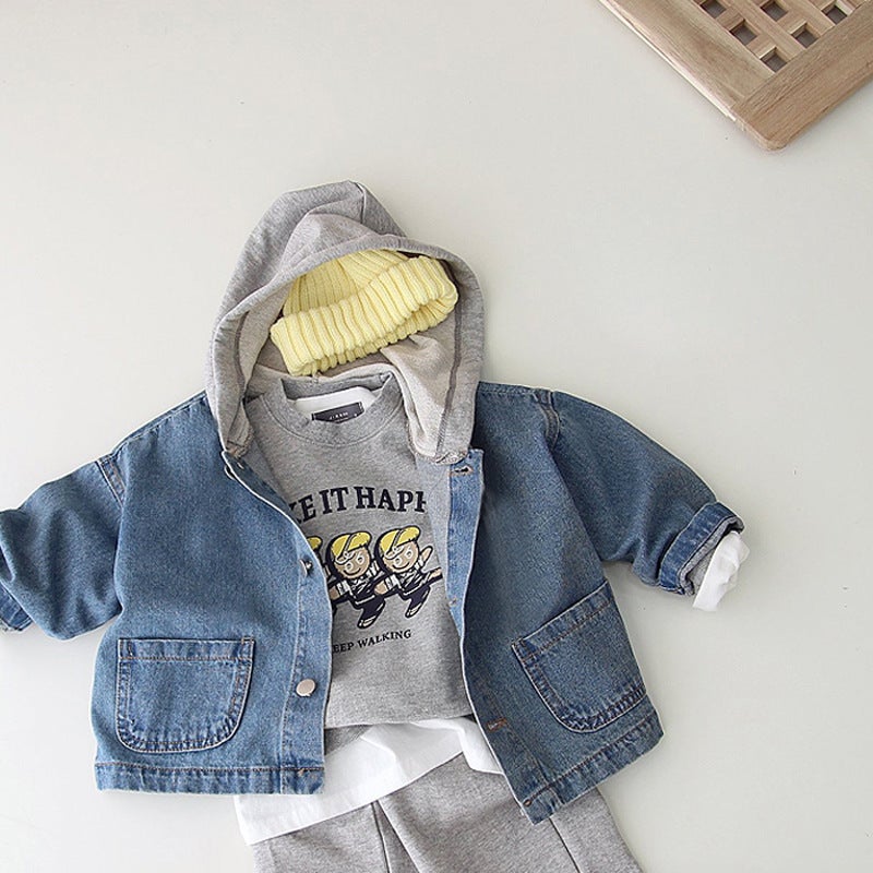Korean Style Ins Boys And Girls Fashion New Jacket Children'S Korean Style Handsome Hooded Pocket Denim Jacket - Image 5