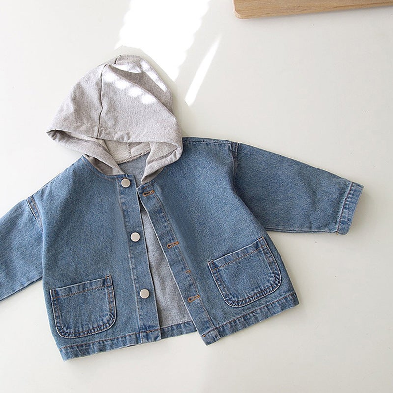 Korean Style Ins Boys And Girls Fashion New Jacket Children'S Korean Style Handsome Hooded Pocket Denim Jacket - Image 4