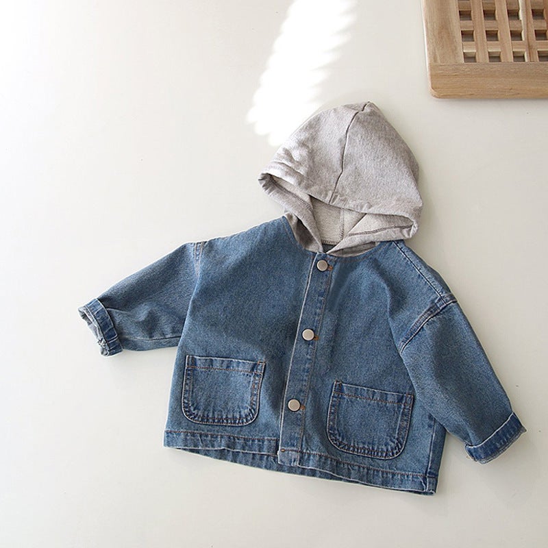 Korean Style Ins Boys And Girls Fashion New Jacket Children'S Korean Style Handsome Hooded Pocket Denim Jacket - Image 2