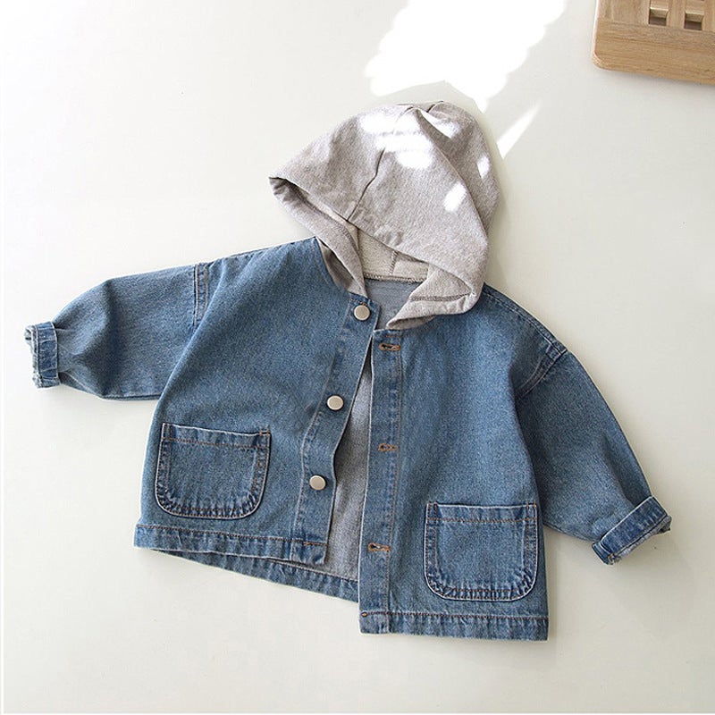 Korean Style Ins Boys And Girls Fashion New Jacket Children'S Korean Style Handsome Hooded Pocket Denim Jacket - Image 3