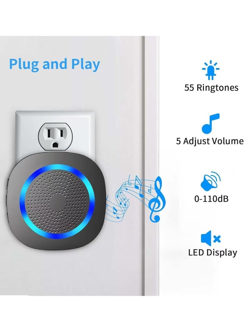 جرس باب لاسلكي، جهاز استقبال LED مصغر مقاوم للماء مع نطاق طويل يبلغ 300 متر، جرس دخول بدون أسلاك بصوت عالٍ مع 5 مستويات للصوت، 32 نغمة، مع بطارية لمحلات المنازل والمدارس والمكاتب - Image 2