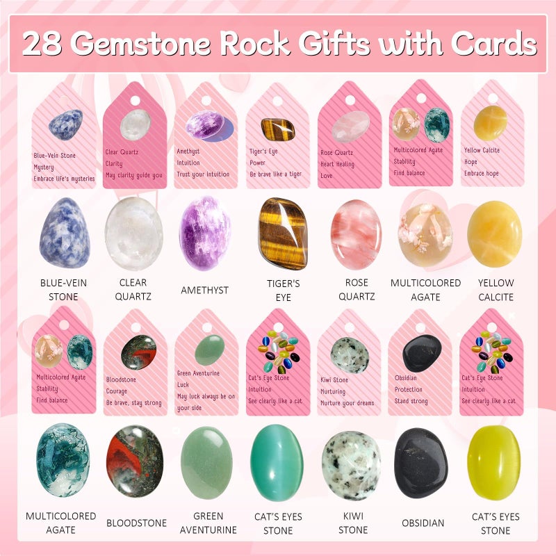 Mason Life Valentine's Day Gem Gifts for Kids - 28 Pack Crystal Gems and Cards with Heart Boxes, Natural Crystals Rock Gift Exchange for School Boys and Girls, Fun Classroom Exchange Party Favor - Image 2
