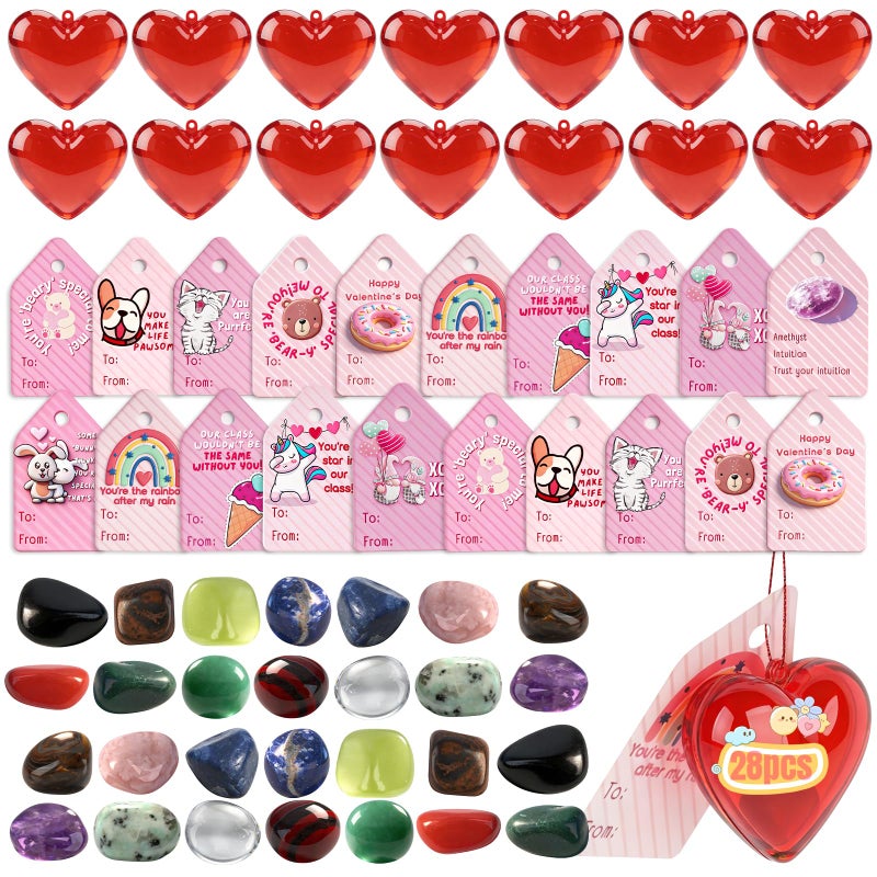 Mason Life Valentine's Day Gem Gifts for Kids - 28 Pack Crystal Gems and Cards with Heart Boxes, Natural Crystals Rock Gift Exchange for School Boys and Girls, Fun Classroom Exchange Party Favor - Image 1