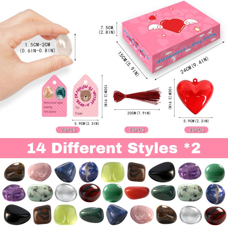 Mason Life Valentine's Day Gem Gifts for Kids - 28 Pack Crystal Gems and Cards with Heart Boxes, Natural Crystals Rock Gift Exchange for School Boys and Girls, Fun Classroom Exchange Party Favor - Image 3