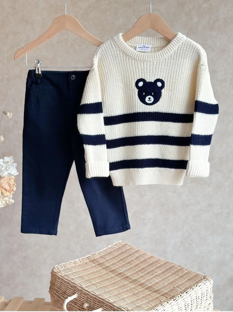 Miniğimin Cicileri My Little Ones Blue Bear Knitted Trousers Boy's Set - Cream
