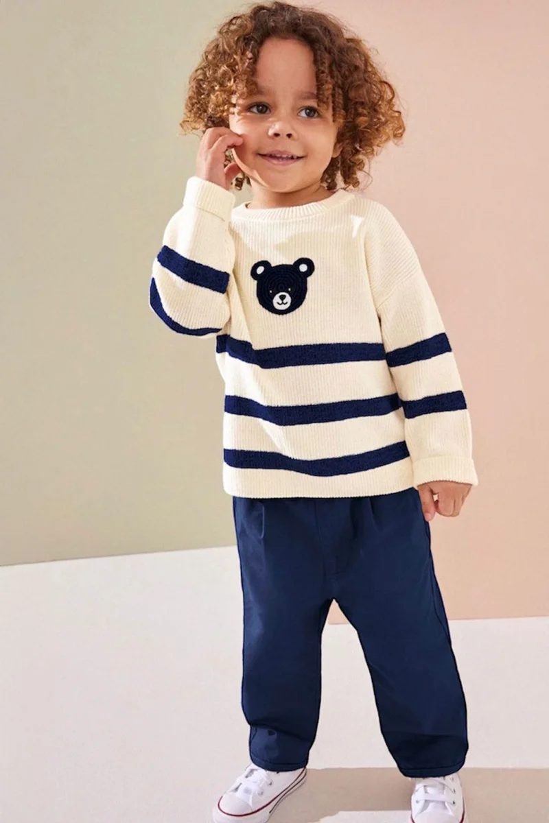 Miniğimin Cicileri My Little Ones Blue Bear Knitted Trousers Boy's Set - Cream