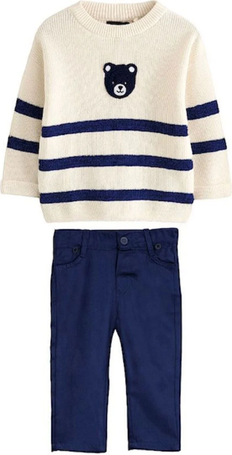 Miniğimin Cicileri My Little Ones Blue Bear Knitted Trousers Boy's Set - Cream