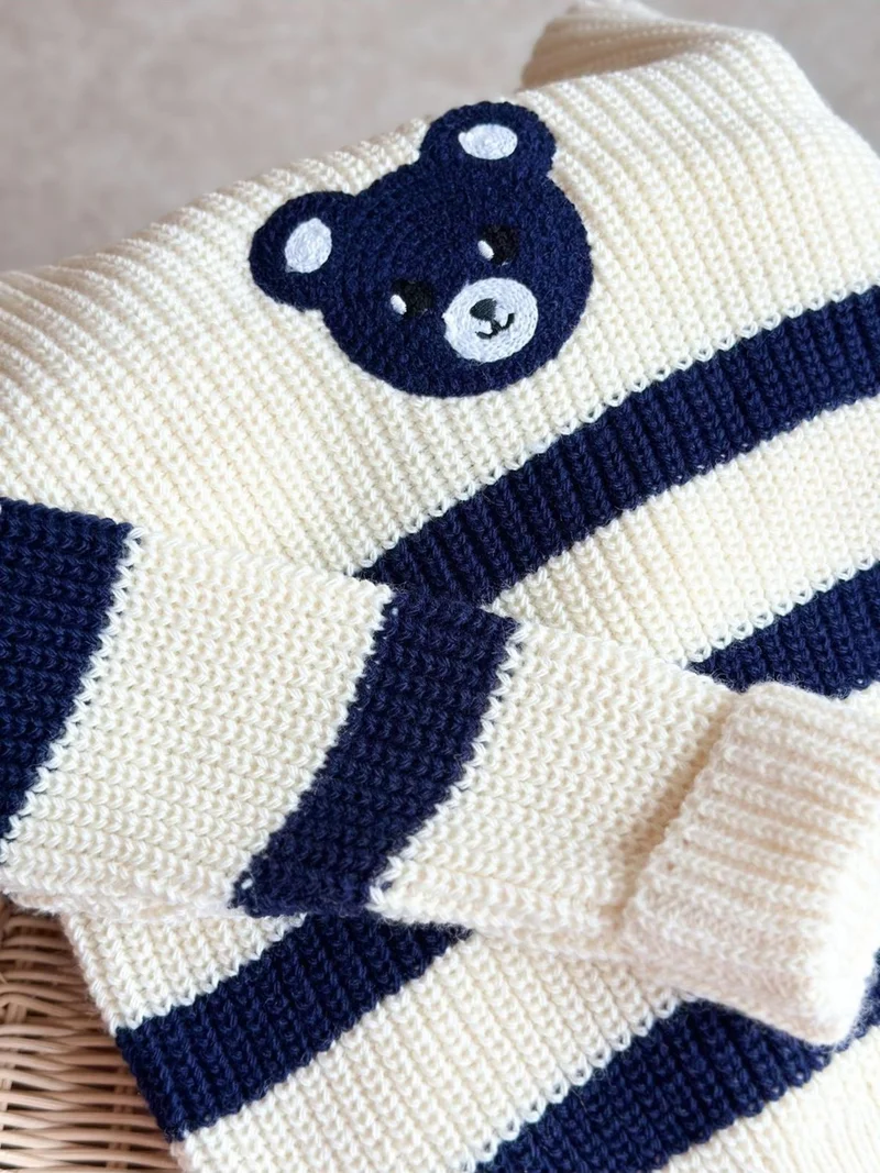 Miniğimin Cicileri My Little Ones Blue Bear Knitted Trousers Boy's Set - Cream