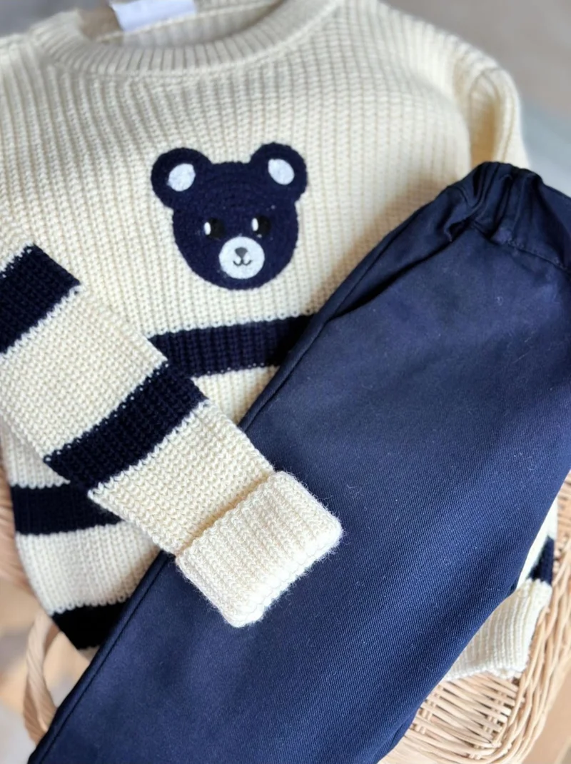Miniğimin Cicileri My Little Ones Blue Bear Knitted Trousers Boy's Set - Cream
