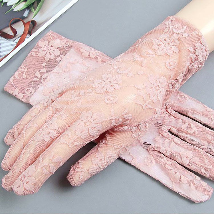 Summer short sun protection gloves for Women summer Korean style lace thin sun protection driving breathable ultra-thin gloves for women Wholesale T002 pink  - Image 1