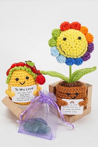 Poscrochet 2 Pack Positive Crochet Animals Birthday Gifts for Women Men Includes Motivational Cards and a Wooden Base Cute Small Gift for Son Mom Dad Daughter Sister Friend Coworkers - Image 1