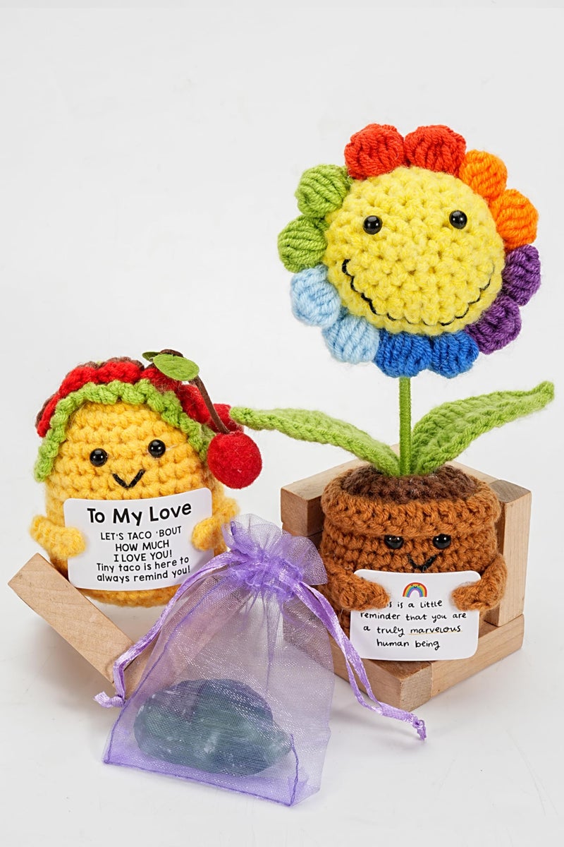 Poscrochet 2 Pack Positive Crochet Animals Birthday Gifts for Women Men Includes Motivational Cards and a Wooden Base Cute Small Gift for Son Mom Dad Daughter Sister Friend Coworkers - Image 2