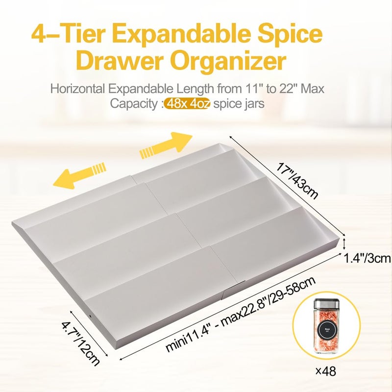 GOENDR Spice Drawer Organizer, 4-Tier Metal Spice Rack for Drawer, Expandable Seasoning Organizer Fits 11.4-22.8â€ Wide Drawer, Holds up to 48 Spice Jars (Not Included), White - Image 4