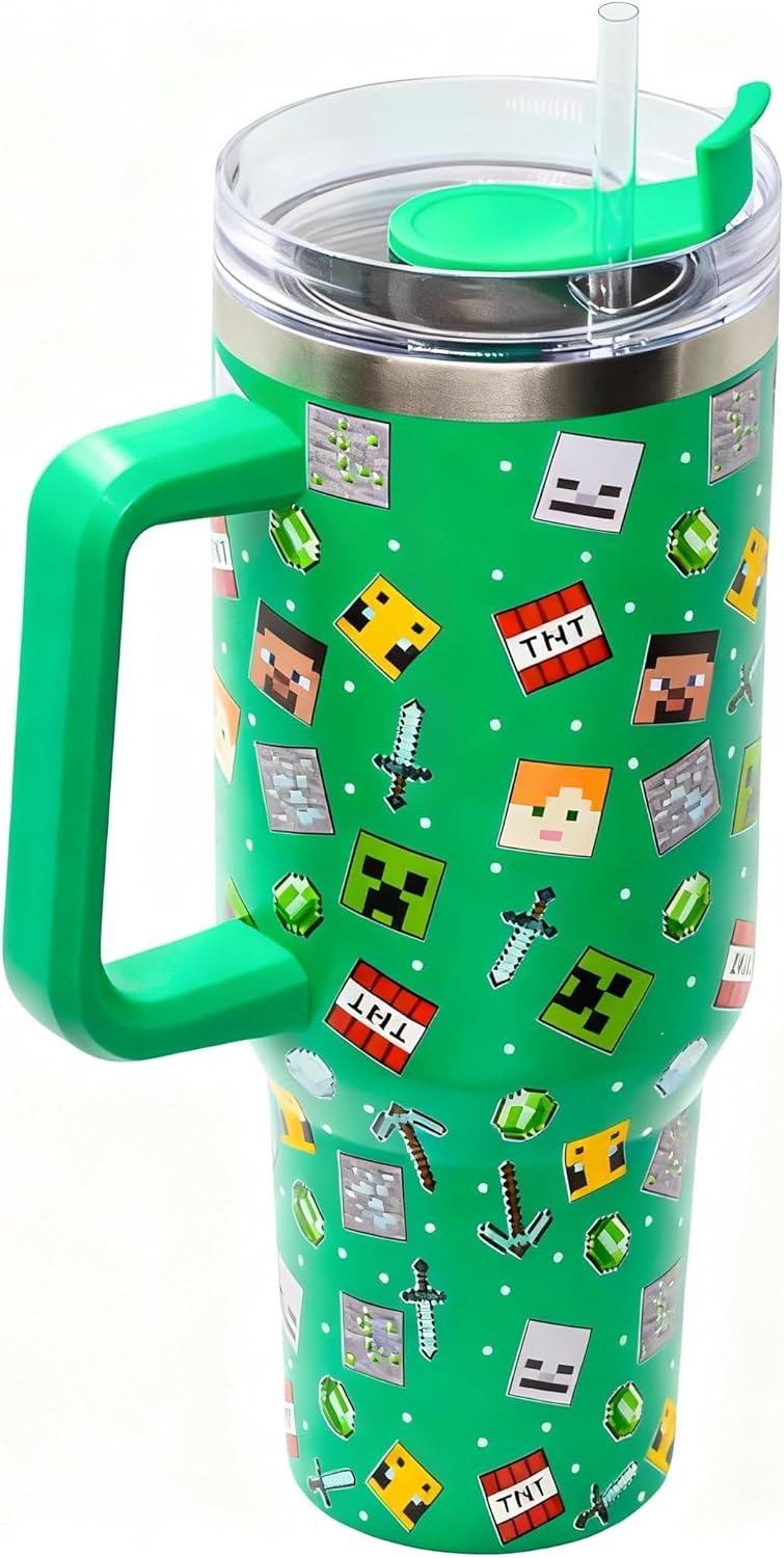 HOX Minecraft 40oz (1200ml) Insulated Tumbler Stainless Steel Cup with Straw and Handle for Water, Iced Tea, Coffee or Smoothie - Image 1
