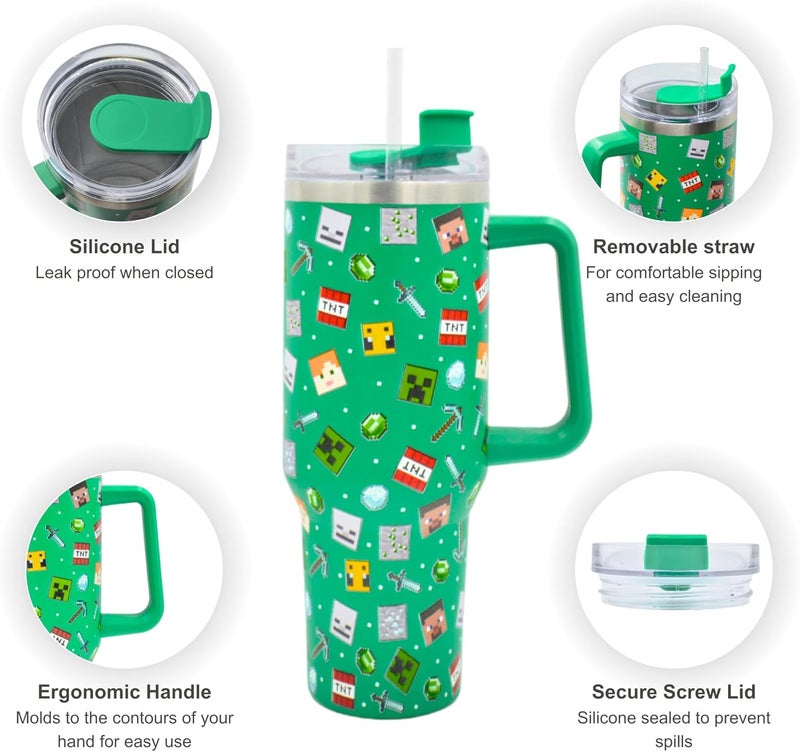HOX Minecraft 40oz (1200ml) Insulated Tumbler Stainless Steel Cup with Straw and Handle for Water, Iced Tea, Coffee or Smoothie - Image 5