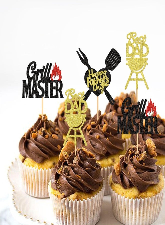 Ercadio Ercaido 24 PCS Happy Father's Day Cupcake Toppers Picks Best Dad Grill Master for Happy Father's Day Grill Theme Men Birthday Party Cake Decorations Supplies Grill Black, Gold-1 - Image 4