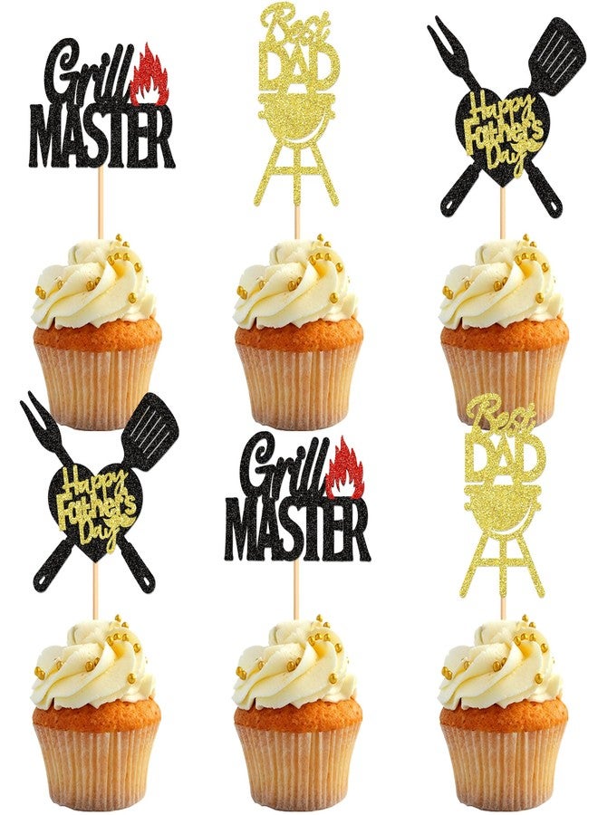 Ercadio Ercaido 24 PCS Happy Father's Day Cupcake Toppers Picks Best Dad Grill Master for Happy Father's Day Grill Theme Men Birthday Party Cake Decorations Supplies Grill Black, Gold-1 - Image 1