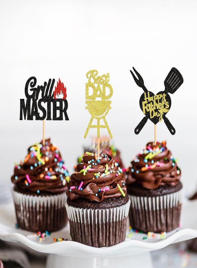 Ercadio Ercaido 24 PCS Happy Father's Day Cupcake Toppers Picks Best Dad Grill Master for Happy Father's Day Grill Theme Men Birthday Party Cake Decorations Supplies Grill Black, Gold-1 - Image 3