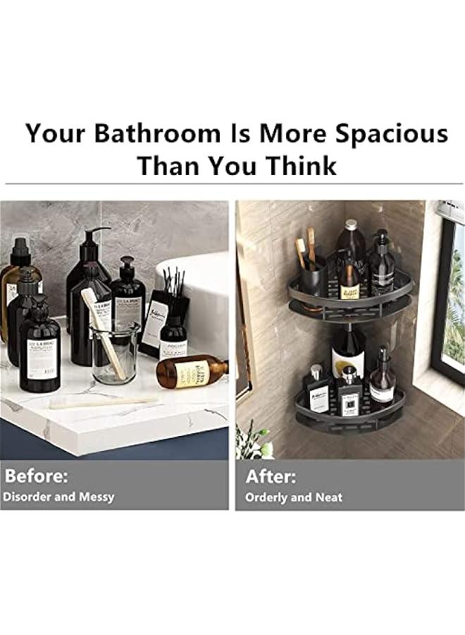 MOXO Shower Caddy Shelf 2 Removable Storage Bathroom Organizer No Drilling Adhesive Bathroom Storage Basket Wall Mounted Bathroom Basket Shelf Stainless Steel Bath Storage Rack Black) - Image 3