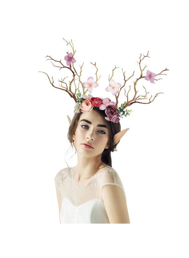 FRESHME Fairy Flower Antlers Crown Floral Branches Reindeer Flower Headband Handmade Pink Forest Tree Wreath Hair Accessory Wedding Headpiece For Women Girls Renaissance Cosplay Costume Decorations - Image 2