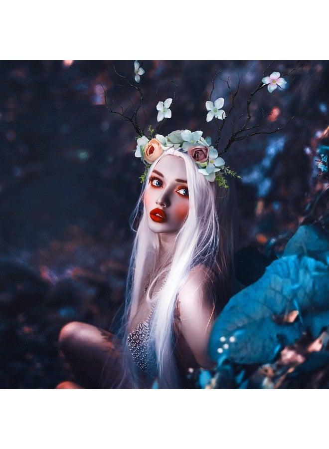 FRESHME Fairy Flower Antlers Crown Floral Branches Reindeer Flower Headband Handmade Pink Forest Tree Wreath Hair Accessory Wedding Headpiece For Women Girls Renaissance Cosplay Costume Decorations - Image 4