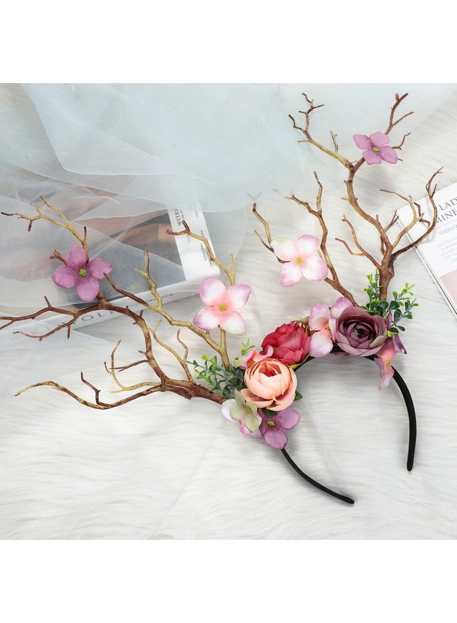 FRESHME Fairy Flower Antlers Crown Floral Branches Reindeer Flower Headband Handmade Pink Forest Tree Wreath Hair Accessory Wedding Headpiece For Women Girls Renaissance Cosplay Costume Decorations - Image 5