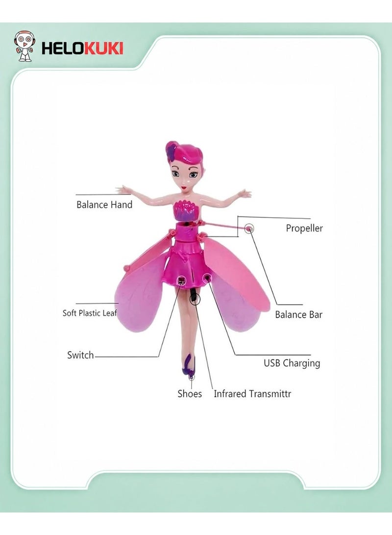 Helo Kuki Flying Fairy Doll Toy, USB Rechargeable Hand Sensor Flying Doll With LED Lights, Flexible Propellers, Auto Stop Protection, Indoor Fun Toy For Kids, Pink - Image 3