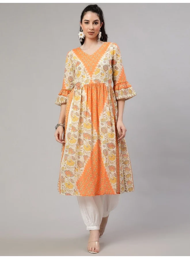 أيه كيه إس Orange & Cream Floral Printed Gathered Kurta