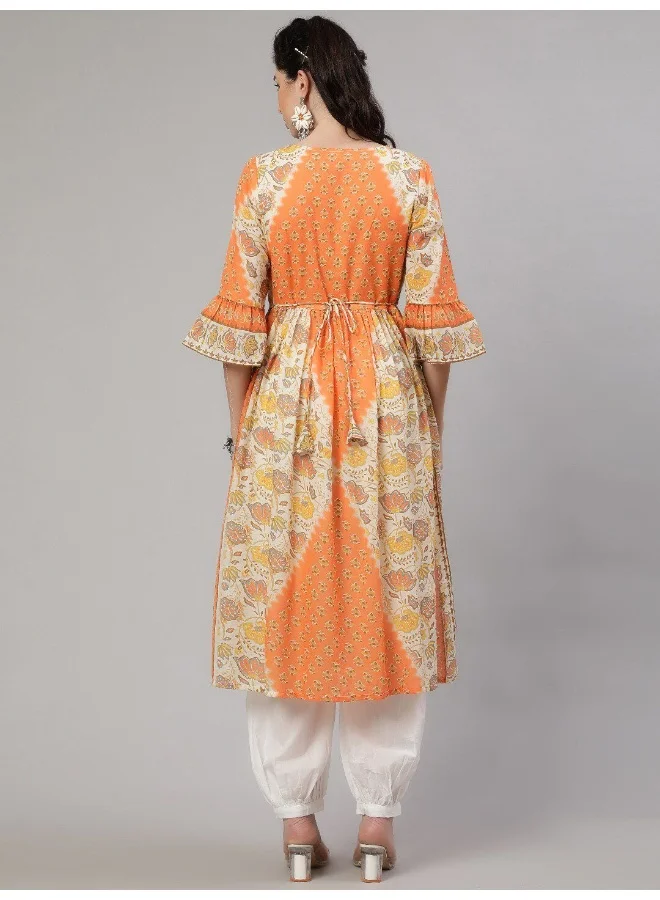 AKS Orange & Cream Floral Printed Gathered Kurta