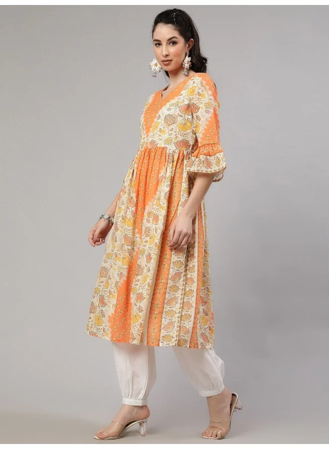 AKS Orange & Cream Floral Printed Gathered Kurta