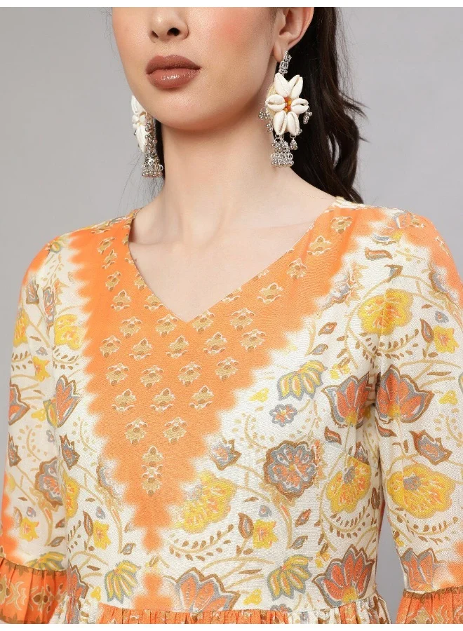 أيه كيه إس Orange & Cream Floral Printed Gathered Kurta
