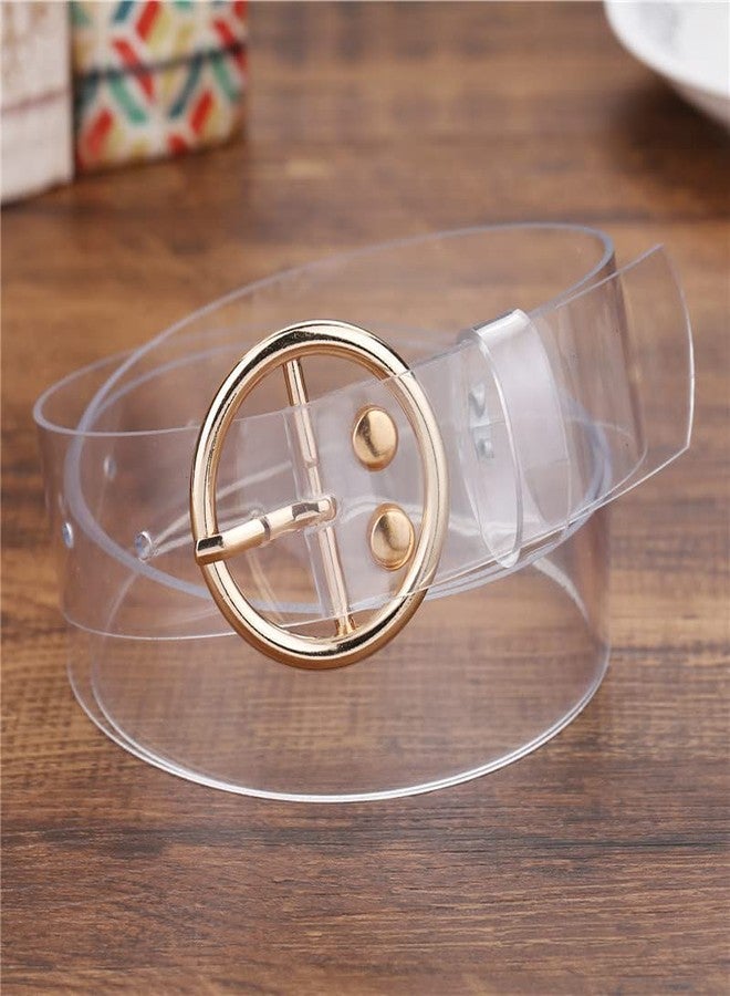 winvin Trendy Chic Transparent Women Buckle Belt Wide Waist Waistband Clear For Women Halloween Costume (Round Gold) - Image 4
