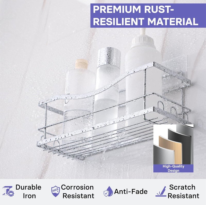 KINCMAX Iron Shower Caddies - Self Adhesive Bathroom Shelves for Showers - Wall Organizer Shampoo Holder Shelf - Peel and Stick On Caddy Bath Tub Rack - Pack of 2 Holders - Silver - Image 3