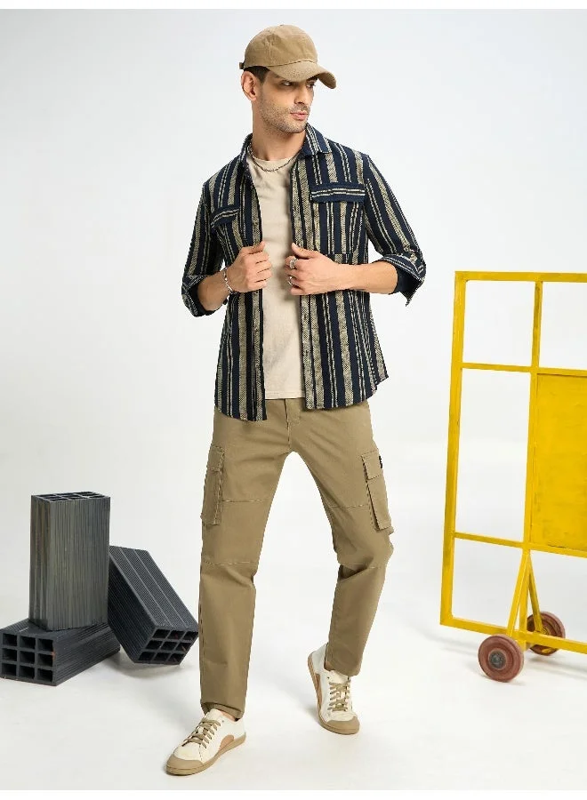 بيونغ قميص مخطط كحلي وبيج