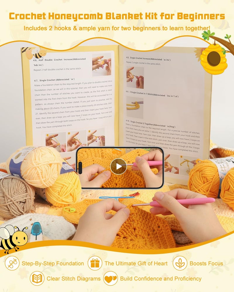 Arborthread Crochet Blanket Kit for Beginners, Honeycomb Beginner Knitting Kit w/Step-by-Step Video & Instructions for Adults & Kids - Image 2