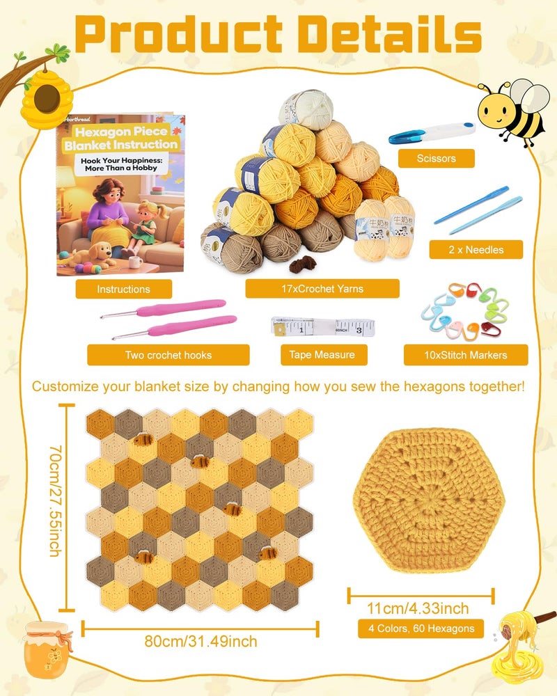 Arborthread Crochet Blanket Kit for Beginners, Honeycomb Beginner Knitting Kit w/Step-by-Step Video & Instructions for Adults & Kids - Image 3