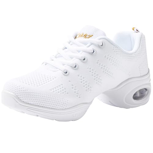 Linodes Women's Breathable Dance Sneaker with Split Sole and Air Cushion Jazz Dance Walking Shoes-White-5.5M - Image 1