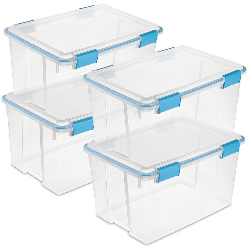 Sterilite 4Pack Gasket Box WeatherResistant Storage Bins with Latching Lids 54 Quart  HeavyDuty Organizing Containers for Closet Bathroom and Office