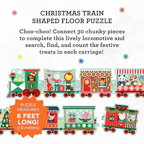 Petit Collage Christmas Train Shaped Floor Puzzle Giant 6ft Long 30Piece Holiday Floor Jigsaw for Toddlers 3 Chunky Pieces with Box Handle EcoFriendly SeekandFind Gift for The Holidays - Image 5