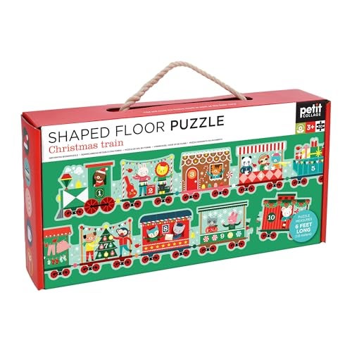 Petit Collage Christmas Train Shaped Floor Puzzle Giant 6ft Long 30Piece Holiday Floor Jigsaw for Toddlers 3 Chunky Pieces with Box Handle EcoFriendly SeekandFind Gift for The Holidays - Image 1