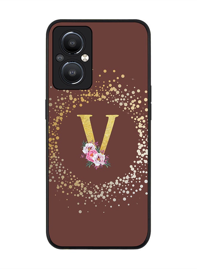 Stylizedd Rugged Black edge case for Reno8 Z 5G / Reno8 Lite 5G / Reno7 Z 5G Slim fit Soft Case Flexible Rubber Edges Anti Drop TPU Gel Thin Cover - Monogram Initial Letter Floral Pattern Alphabet - V (Brown) - Image 1