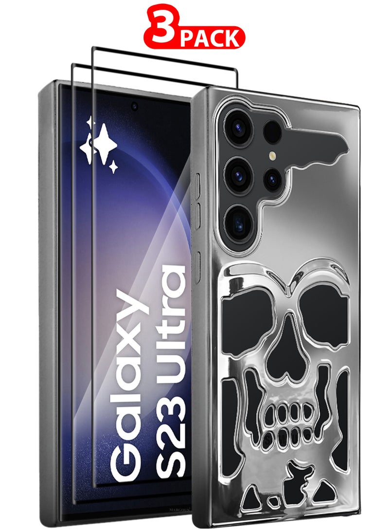 CATANES Galaxy S23 Ultra 3Packs Case Cover Soft TPU and Glossy Skull Design with Two 3D Shockproof Screen Protector - Silver - Image 1