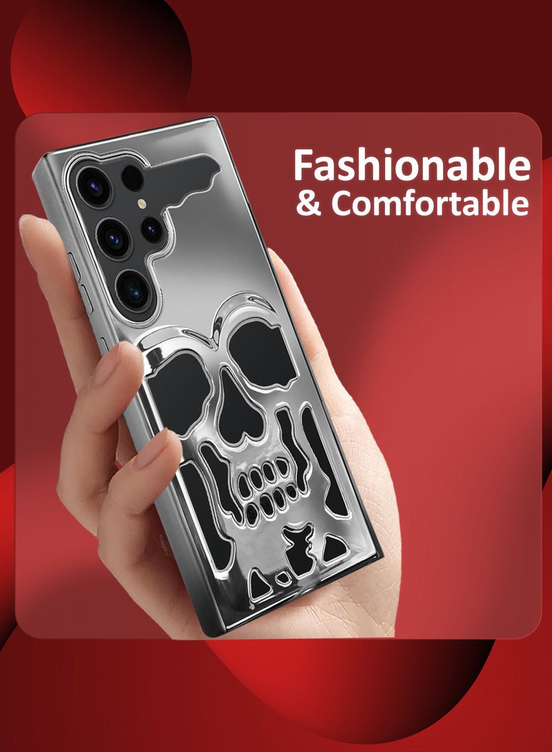 CATANES Galaxy S23 Ultra 3Packs Case Cover Soft TPU and Glossy Skull Design with Two 3D Shockproof Screen Protector - Silver - Image 4